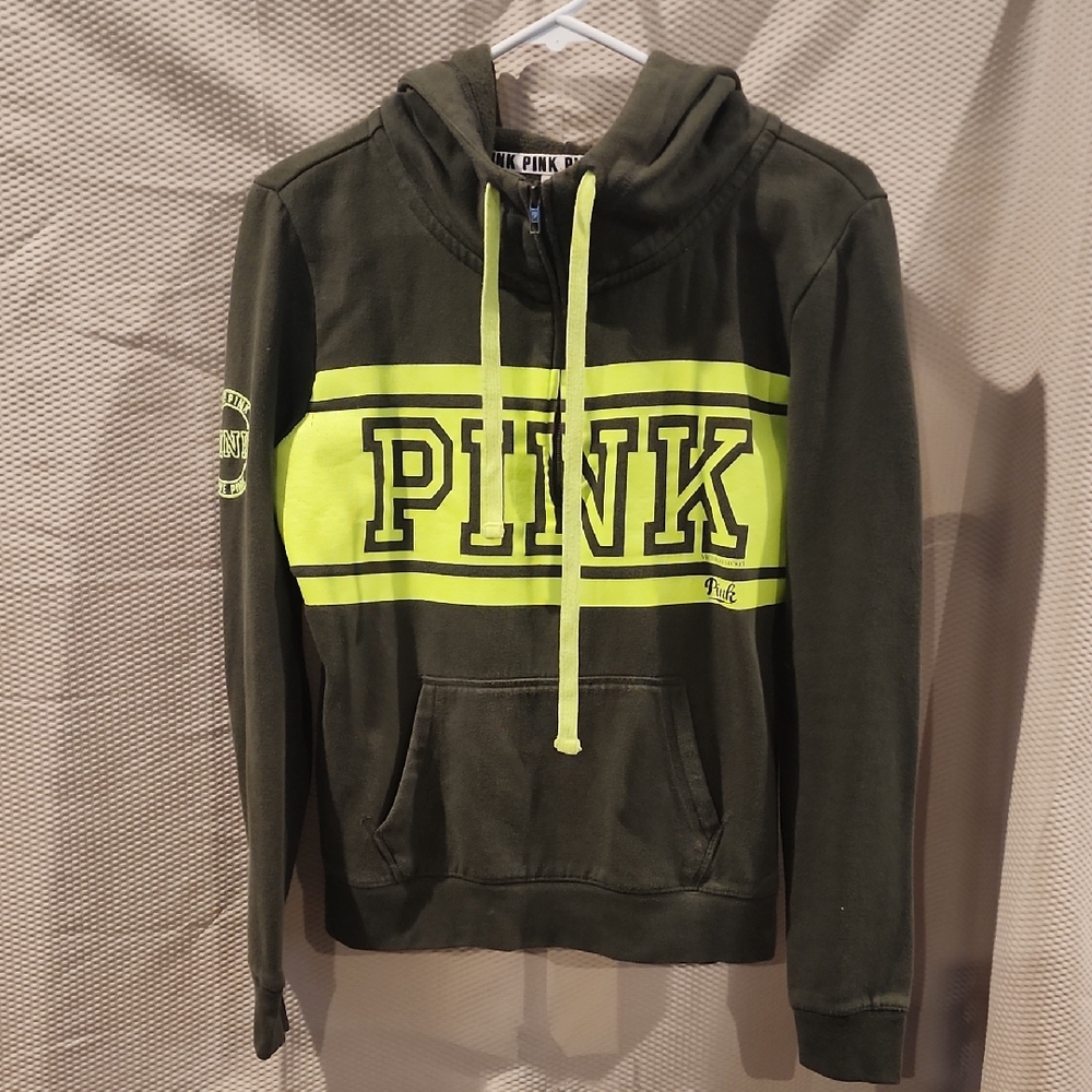 Victoria's Secret PINK Olive Green & Neon Yellow Hooded Sweatshirt